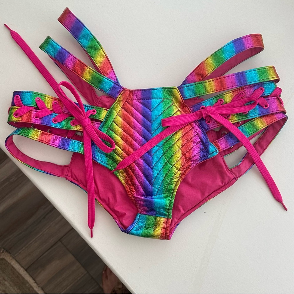 Dolls Kill Club Exx Lace Up Cut Out Harness Shorts - Rainbow Glitter - XS